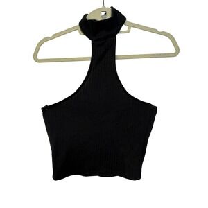 Forever 21 Womens Black Ribbed Mock Neck Halter Crop Top Size Medium Sleeveless